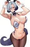  1girl abs absurdres animal_ears areola_slip armpits arms_up au_ra bangs black_bow black_bowtie black_horns blush bow bowtie breasts brown_legwear cleavage covered_nipples detached_collar dragon_girl dragon_horns dragon_tail fake_animal_ears final_fantasy final_fantasy_xiv grey_hair hair_between_eyes highres horns large_breasts lipgloss looking_at_viewer loooyd navel original pantyhose playboy_bunny rabbit_ears red_eyes scales short_hair solo tail thighs toned white_background wrist_cuffs 