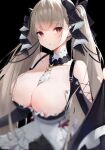  1girl absurdres azur_lane bangs between_breasts blurry blurry_foreground blush breasts brooch collarbone detached_collar eyebrows_visible_through_hair formidable_(azur_lane) frills grey_hair gulu_qaq hair_ribbon highres jewelry large_breasts looking_at_viewer parted_lips red_eyes ribbon solo twintails upper_body 