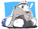  2022 anthro belly big_belly blush canid canine clothed clothing exclamation_point kemono lifewonders live-a-hero male mammal overweight overweight_male raccoon_dog shoen sitting solo tanuki torausimuma7 video_games 