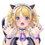  1girl :o ahoge alternate_costume animal_ears blonde_hair blush breasts cat_ears cat_tail choker cleavage cleavage_cutout clothing_cutout collarbone end_syuuuu enmaided fang frilled_choker frills gao hachimiya_meguru heart_cutout highres idolmaster idolmaster_shiny_colors large_breasts maid maid_headdress nail_polish simple_background solo tail transparent_background two_side_up 