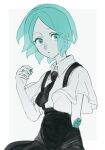  1other amputee androgynous aqua_eyes aqua_hair bangs collared_shirt colored_eyelashes colored_skin ears_visible_through_hair expressionless eyelashes gem gem_uniform_(houseki_no_kuni) highres holding holding_gem houseki_no_kuni looking_at_viewer necktie parted_bangs phosphophyllite raised_eyebrows shirt short_hair shorts sidelocks simple_background suspender_shorts suspenders white_background white_shirt white_skin wide_sleeves yagi_hara 