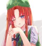 1girl absurdres arm_support blue_eyes bow chinese_clothes hat highres hong_meiling long_hair looking_at_viewer lshiki one_eye_closed red_hair saliva simple_background sleepy solo star_(symbol) touhou white_background 