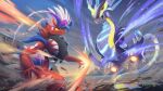  black_sclera claws closed_mouth colored_sclera commentary_request eye_contact highres ho-oh_(artist) koraidon looking_at_another miraidon no_humans orange_eyes outdoors pokemon pokemon_(creature) wavy_mouth yellow_sclera 
