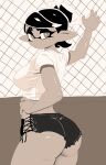  +_+ 1girl ass black_shorts breasts callie_(splatoon) huge_ass large_breasts legs looking_at_viewer mole mole_under_eye pointy_ears shirt short_hair short_shorts shorts solo splatoon_(series) standing t-shirt tentacle_hair wire_fence yuta_agc 