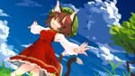  1girl animal_ear_fluff animal_ears bangs blue_sky brown_hair cat_ears cat_tail chen closed_mouth cloud dress fingernails grass green_headwear hat highres long_fingernails long_sleeves looking_at_viewer mob_cap multiple_tails nekomata outdoors outstretched_arms red_dress red_eyes red_nails short_hair sky solo standing tail tobenai_todo touhou tree 