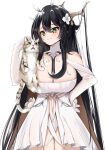  1girl absurdres antlers azur_lane black_hair breasts cat catnnn cleavage closed_mouth detached_collar dress elbow_gloves flower gloves green_eyes hair_flower hair_ornament highres huge_breasts indomitable_(azur_lane) long_hair looking_at_another strapless strapless_dress tagme very_long_hair white_background white_dress white_gloves 