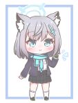  1girl animal_ear_fluff animal_ears artist_request blue_archive blue_necktie blush chibi gloves hair_ornament halo mismatched_pupils necktie plaid plaid_skirt scarf school_uniform shiroko_(blue_archive) shirt short_hair single_glove skirt smile solo white_shirt x_hair_ornament 