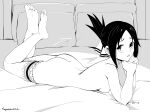  1girl ass bangs bed_sheet breasts completely_nude crossed_ankles feet_up folded_ponytail forehead hair_ribbon high_contrast highres kaguya-sama_wa_kokurasetai_~tensai-tachi_no_renai_zunousen~ leg_garter legs_up looking_at_viewer lying monochrome nipples nude on_bed on_stomach parted_bangs pillow ribbon shinomiya_kaguya small_breasts soles solo squeezable_(artist) the_pose toes 