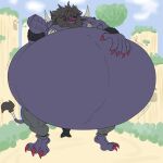  anthro bandai_namco belly big_belly digimon digimon_(species) eggo21 felid hand_on_stomach hi_res hyper hyper_belly inflation madleomon male mammal mane morbidly_obese obese overweight red_eyes sharp_teeth solo teeth 