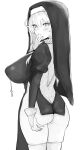  1girl ass berserkert blush breasts cross greyscale habit hair_between_eyes highres large_breasts long_hair long_sleeves looking_at_viewer looking_back mole mole_under_eye monochrome nun original simple_background solo thighhighs white_background 