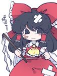  1girl bandaid bandaid_on_face bare_shoulders black_eyes black_hair blush_stickers bow closed_mouth detached_sleeves eyebrows_visible_through_hair fried_rice0614 gohei hair_between_eyes hair_bow hair_tubes hakurei_reimu highres japanese_clothes long_hair nontraditional_miko one-hour_drawing_challenge red_bow red_skirt ribbon-trimmed_sleeves ribbon_trim sidelocks simple_background single_tear skirt solo touhou upper_body white_background white_sleeves wide_sleeves 