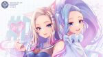 2girls :d ahri_(league_of_legends) animal_ear_fluff animal_ears bangs bare_shoulders blue_eyes blue_hair blush breasts brown_hair cleavage commentary_request facial_mark fang finger_heart forehead hand_up heart highres league_of_legends long_hair looking_at_viewer medium_breasts momoirone multiple_girls nail_polish notice_lines parted_bangs pink_nails seraphine_(league_of_legends) shirt smile teeth thick_eyebrows upper_body upper_teeth whisker_markings white_shirt 