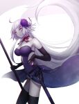  ahoge dress elbow_gloves fate/grand_order fate_(series) flower gloves hair_flower hair_ornament highres jeanne_d&#039;arc_alter_(fate) looking_at_viewer neck_ribbon non-web_source pale_skin purple_dress ribbon roro_982 white_hair 