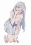  1girl bare_arms bare_shoulders barefoot blue_eyes breasts cleavage closed_mouth covering_mouth dress ear_piercing earrings grey_hair highres jewelry large_breasts long_hair looking_at_viewer mimelond no_bra original piercing simple_background sleeveless sleeveless_dress solo spaghetti_strap strap_slip thighs uneven_eyes very_long_hair white_background white_dress 