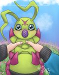 antennae_(anatomy) arthropod bandai_namco blue_eyes blush caterpillar claws digimon digimon_(species) duo feral first_person_view gundam-meister hi_res holding_another human insect larva male mammal mandibles segmented_body wormmon 