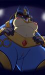  2022 anthro areola big_breasts blue_body blue_fur breasts eyelashes female fur genitals hands_on_hips hi_res looking_at_viewer low-angle_view lucario navel nintendo nipples pinkcappachino pok&eacute;mon pok&eacute;mon_(species) pokemon_unite pussy red_eyes ruins_style_lucario solo thick_thighs video_games 