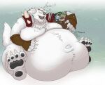  anthro belly big_belly burping eggo21 eye_patch eyes_closed eyewear fur group hand_on_stomach league_of_legends male moobs open_mouth overweight rengar_(lol) riot_games sabertooth_(disambiguation) sharp_teeth size_difference teeth tongue video_games vore white_body white_fur yordle 