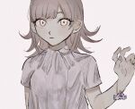  1girl bangs brown_hair closed_mouth danganronpa_(series) danganronpa_2:_goodbye_despair expressionless falling galaga grey_background grey_shirt hair_ornament_removed looking_at_viewer medium_hair nanami_chiaki pink_eyes sema_(vivaviva_02) shirt short_sleeves simple_background solo 