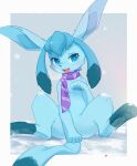  1girl :3 ancesra animal_ears animal_feet animal_hands animal_nose artist_name bangs blue_eyes blue_fur blue_hair blush body_fur border breath fang feet flat_chest full_body furry furry_female glaceon grey_background hand_up happy highres long_hair looking_at_viewer multicolored_hair non-web_source open_mouth outside_border patreon_logo patreon_username paw_pose pawpads pokemon pokemon_(creature) purple_scarf scarf shiny shiny_hair simple_background sitting smile snow snowing solo spread_legs striped striped_scarf tail tongue twintails two-tone_fur two-tone_hair watermark web_address white_border 