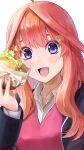  1girl :d ahoge bangs black_jacket blazer blue_eyes blush burger commentary_request eyebrows_visible_through_hair food go-toubun_no_hanayome hair_between_eyes hair_ornament highres holding holding_food ishiyuki00 jacket long_hair looking_at_viewer nakano_itsuki open_mouth red_hair red_sweater revision school_uniform shiny shiny_hair shirt smile solo star_(symbol) star_hair_ornament sweater upper_body white_shirt 
