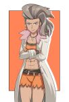  1girl abs absurdres armband bracelet bright_pupils crossed_arms earrings ememtrp fangs green_eyes hair_ornament highres jewelry labcoat long_hair midriff muscular muscular_female navel necklace orange_shorts pink_fur pokemon pokemon_(game) pokemon_sv sada_(pokemon) shorts white_pupils 
