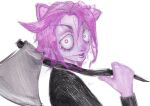  2022 accessory anthro axe black_clothing bodily_fluids clothing crazy_eyes domestic_cat felid feline felis female fur hair hair_accessory hair_bow hair_ribbon holding_object holding_weapon insane looking_at_viewer mammal masyunya melee_weapon menacing_(disambiguation) omaysya purple_body purple_eyes purple_fur purple_hair ribbons simple_background solo tears vkontakte weapon 