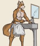  andrewhitebunny anthro athletic bathroom brown_body brown_fur brush canid canine fox fox_mccloud fur green_eyes male mammal mirror muscle_tone nintendo pinup pose sink solo solo_focus star_fox toothbrush towel towel_only video_games white_body white_fur 