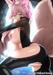  1girl animal_ear_fluff animal_ears ass backlighting bangs black_bodysuit blush bodysuit bow breasts breasts_out cave fate/grand_order fate_(series) fox_ears fox_girl fox_tail glasses hair_between_eyes hair_bow hellandheaven highres hip_vent koyanskaya_(fate) large_breasts licking_lips long_hair looking_at_viewer nipples open_mouth pink_bow pink_hair ponytail pussy sidelocks solo tail tamamo_(fate) thighs tongue tongue_out torn_clothes yellow_eyes 