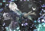  1boy brown_gloves bug butterfly gloves grey_background haitaka_no_psychedelica hexagonics hugh_(haitaka_no_psychedelica) jacket long_sleeves male_focus outstretched_hand pale_skin smile solo standing white_hair 