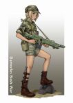  1girl absurdres aqua_eyes assault_rifle belt_pouch blonde_hair boots border braid camouflage camouflage_headwear camouflage_shirt collared_shirt english_commentary english_text full_body gradient gradient_background green_shirt green_shorts gun hat highres holding holding_gun holding_weapon knife leather leather_boots leg_belt looking_at_viewer mardjan medium_hair open_mouth outside_border pouch rifle shirt short_shorts shorts sidelocks simple_background single_braid sleeves_rolled_up solo standing stepped_on thighhighs warhammer_40k weapon white_border wing_collar 