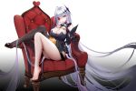  1girl absurdly_long_hair ahoge armchair azur_lane bangs bare_legs barefoot black_leotard bridal_gauntlets brown_legwear chair detached_collar earrings emden_(azur_lane) flower flower_over_eye full_body grey_hair hair_between_eyes hair_ornament highres jewelry leotard liu_liaoliao long_hair looking_at_viewer manjuu_(azur_lane) nail_polish no_shoes on_chair parted_lips red_eyes red_flower red_nails simple_background single_thighhigh sitting smile solo thighhighs toenail_polish toenails very_long_hair 