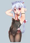  1girl animal_ears armpits bangs bare_shoulders bell black_collar black_legwear black_leotard blush bow braid breasts cat_ears cat_girl cat_tail closed_mouth collar commentary_request covered_navel cropped_legs eyebrows_visible_through_hair grey_background grey_hair hair_between_eyes hands_up highres jingle_bell leotard mouth_hold neck_bell original pantyhose playboy_bunny purple_eyes red_bow red_ribbon ribbon ribbon_in_mouth simple_background small_breasts solo sora_(silent_square) strapless strapless_leotard tail tail_bow tail_ornament tail_raised tying_hair 