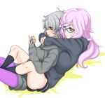  2girls ahoge bangs bed_sheet black_dress black_legwear blue-framed_eyewear blue_hoodie blush daitou_academy_uniform drawstring dress eyebrows_behind_hair glasses grey_hair grey_hoodie holding holding_phone hood hood_down hoodie hug kazari_jun kneehighs knees_apart_feet_together long_hair long_hoodie looking_at_phone lying magia_record:_mahou_shoujo_madoka_magica_gaiden mahou_shoujo_madoka_magica miwa_mitsune multiple_girls nnkn49230301 on_back orange_eyes pantyhose parted_lips phone pink_eyes pink_hair pout profile purple_legwear short_hair simple_background swept_bangs thighs wavy_hair yuri 