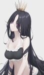  1girl bangs black_hair breasts cleavage crown eyes_visible_through_hair hair_over_eyes highres long_hair medium_breasts midriff original parted_bangs purple_eyes simple_background solo standing very_long_hair vivid507 white_background 