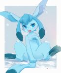  1girl :3 ancesra animal_ears animal_feet animal_hands animal_nose artist_name bangs blue_eyes blue_fur blue_hair blush body_fur border breath fang feet flat_chest full_body furry furry_female glaceon grey_background hand_up happy highres long_hair looking_at_viewer multicolored_hair non-web_source open_mouth outside_border patreon_logo patreon_username paw_pose pawpads pokemon pokemon_(creature) shiny shiny_hair simple_background sitting smile snow snowing solo spread_legs tail tongue twintails two-tone_fur two-tone_hair watermark web_address white_border 