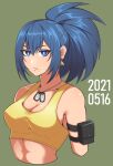  1girl armlet bare_shoulders blue_eyes blue_hair breasts dated dog_tags earrings fighting_game highres jewelry leona_heidern looking_at_viewer muko_(tundere) pocket ponytail simple_background sleeveless solo tank_top the_king_of_fighters the_king_of_fighters_xv 