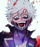  1boy artist_name blood blue_eyes boku_no_hero_academia burn_scar cheek_piercing dabi_(boku_no_hero_academia) highres looking_at_viewer male_focus messy_hair multiple_scars open_mouth piercing scar scar_on_neck sharl0ck solo staple stapled stitches teeth upper_body white_background white_hair 