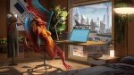  absurd_res anthro arctil-noddedur breasts casual_nudity chair city clothing dragon dress eztli_(user_55) female furniture hi_res nude office_chair science_fiction solo spacecraft tail_motion vehicle window wings 
