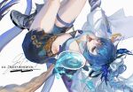  1girl absurdres arknights black_gloves blue_eyes blue_hair braid breasts caomeiguojiangxiaomianbao coat gloves highres holding horns jewelry ling_(arknights) long_hair looking_at_viewer open_clothes open_coat pointy_ears shorts solo solo_focus tail tongue tongue_out very_long_hair 