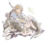  blonde_hair blue_eyes canid canine canis clothing english_text feral fur group hair humanoid humanoid_pointy_ears hylian lagomorph link link_(rabbit_form) link_(wolf_form) long_ears male mammal nintendo red_eyes simple_background sitting square_crossover text the_legend_of_zelda trio video_games white_background wolf yo_mo_(dim) 