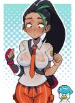  1girl bangs black_hair blue_eyes blush breasts bright_pupils closed_mouth collared_shirt commentary eyelashes fingerless_gloves freckles gloves green_hair highres insfwonder large_breasts long_hair multicolored_hair necktie nemona_(pokemon) nipples orange_eyes orange_necktie pokemon pokemon_(creature) pokemon_(game) pokemon_sv ponytail quaxly see-through shirt shorts single_glove standing starter_pokemon_trio streaked_hair water wet wet_clothes wet_shirt white_background white_pupils white_shirt 