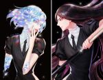  2others amputee androgynous artist_name black_hair bort broken collared_shirt cracked_skin crystal_hair diamond_(houseki_no_kuni) dyd476 elbow_gloves eyebrows_visible_through_hair eyes_visible_through_hair from_side gem gem_uniform_(houseki_no_kuni) gloves holding holding_sword holding_weapon houseki_no_kuni lips long_hair multiple_others necktie other_focus pale_skin parted_lips pink_lips puffy_sleeves serious shards sheath shiny shiny_hair shirt short_hair sword translucent_hair v very_long_hair weapon 