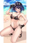  1girl :d absurdres bangs beach bikini black_bikini black_gloves blue_eyes blue_hair breasts eyewear_on_head fang gloves hair_between_eyes hair_intakes hand_on_eyewear hand_on_hip highres hololive hololive_english large_breasts looking_at_viewer navel ocean ouro_kronii parted_lips pillarboxed rudang sand sandals short_hair side-tie_bikini smile solo squatting stomach sunglasses swimsuit thighs virtual_youtuber water wet 