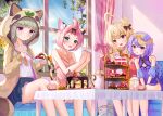  4girls :d absurdres alternate_costume animal_ear_fluff animal_ears ass bangs bangs_pinned_back blue_sky blunt_bangs bow braid cake cake_stand card casual cat_ears cat_girl cat_tail china_dress chinese_clothes chocolate_cake cloud cloudy_sky collarbone commentary_request contemporary couch cup curtains detached_sleeves diona_(genshin_impact) dress eating eyebrows_visible_through_hair fake_animal_ears fake_tail feather_hair_ornament feathers food forehead genshin_impact green_eyes grey_hair hair_between_eyes hair_bow hair_ornament hair_ribbon highres holding holding_card holding_plate holding_spoon jiangshi klee_(genshin_impact) leaf leaf_on_head light_brown_hair long_hair long_sleeves looking_at_another looking_at_viewer looking_away low_ponytail low_twintails multiple_girls muyuchengfengyh ofuda older orange_eyes pink_hair plate playing_card pleated_skirt purple_eyes purple_hair qiqi_(genshin_impact) raccoon_ears raccoon_hood raccoon_tail ribbon sayu_(genshin_impact) school_uniform serafuku short_hair sidelocks single_braid sitting skirt sky sleeveless smile spoon strawberry_shortcake sunlight table tablecloth tail teacup teapot twintails window 