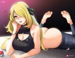  1girl :d ass barefoot black_sweater blonde_hair blush bracelet breasts butt_crack cleavage_cutout clothes_pull clothing_cutout cynthia_(pokemon) denim elbow_rest feet feet_up grey_eyes hair_ornament hair_over_one_eye heart highres jeans jewelry large_breasts long_hair looking_at_viewer lying mystyhw nose_blush on_stomach open_mouth pants pants_pull patreon_username pendant poke_ball poke_ball_(basic) pokemon pokemon_(game) pokemon_dppt sleeveless sleeveless_sweater smile solo sweater teeth toes torn_clothes torn_jeans torn_pants turtleneck turtleneck_sweater upper_teeth web_address 