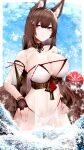  1girl absurdres amagi_(azur_lane) animal_ear_fluff animal_ears azur_lane bangs bare_shoulders bikini blush breasts brown_gloves brown_hair brown_tail choker cleavage cowboy_shot fingerless_gloves fox_tail gloves hair_between_eyes hair_ornament hands_on_hips highres large_breasts long_hair looking_at_viewer navel partially_submerged purple_eyes samip solo stomach swimsuit tail water wet 