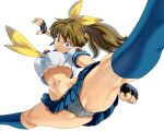  1girl belt belt_buckle blue_eyes blue_legwear blue_serafuku blue_skirt bow breasts brown_belt brown_hair buckle clenched_hand commentary crop_top fingerless_gloves flexible gloves grey_panties highres impossible_clothes impossible_shirt jump_kick kicking kneehighs kneepits large_breasts long_hair looking_at_viewer m.u.g.e.n navel neckerchief oggy original panties ribbon ryuuko_(oggy) school_uniform serafuku shirt skirt solo split thick_thighs thighs toned transparent_background underwear yellow_bow yellow_neckerchief yellow_ribbon 