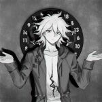  1boy artist_name bangs boleum_(dgrpluna) closed_mouth collarbone danganronpa_(series) danganronpa_2:_goodbye_despair dartboard eyebrows_visible_through_hair frown gradient gradient_background grey_background hair_between_eyes hands_up highres hood hood_down hooded_jacket jacket komaeda_nagito long_sleeves messy_hair open_clothes open_jacket print_shirt shirt solo 