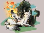  2019 amaterasu black_body black_fur canid canine canis capcom claws crossover deity duo ear_piercing ear_ring eyes_closed female feral feral_on_feral fire fur hi_res link_(wolf_form) male male/female mammal markings nintendo pawpads paws piercing rzkatze sleeping smile the_legend_of_zelda video_games white_body white_fur wolf ōkami 