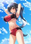 1girl :o amakarashi armpits arms_up bangs black_hair blush breasts cameltoe cleavage cloud cowboy_shot eyebrows_visible_through_hair hair_over_one_eye hand_in_own_hair highres long_hair looking_at_viewer navel original outdoors red_eyes sidelocks sky solo stomach swimsuit thighs two-tone_swimsuit underboob wardrobe_malfunction wet 